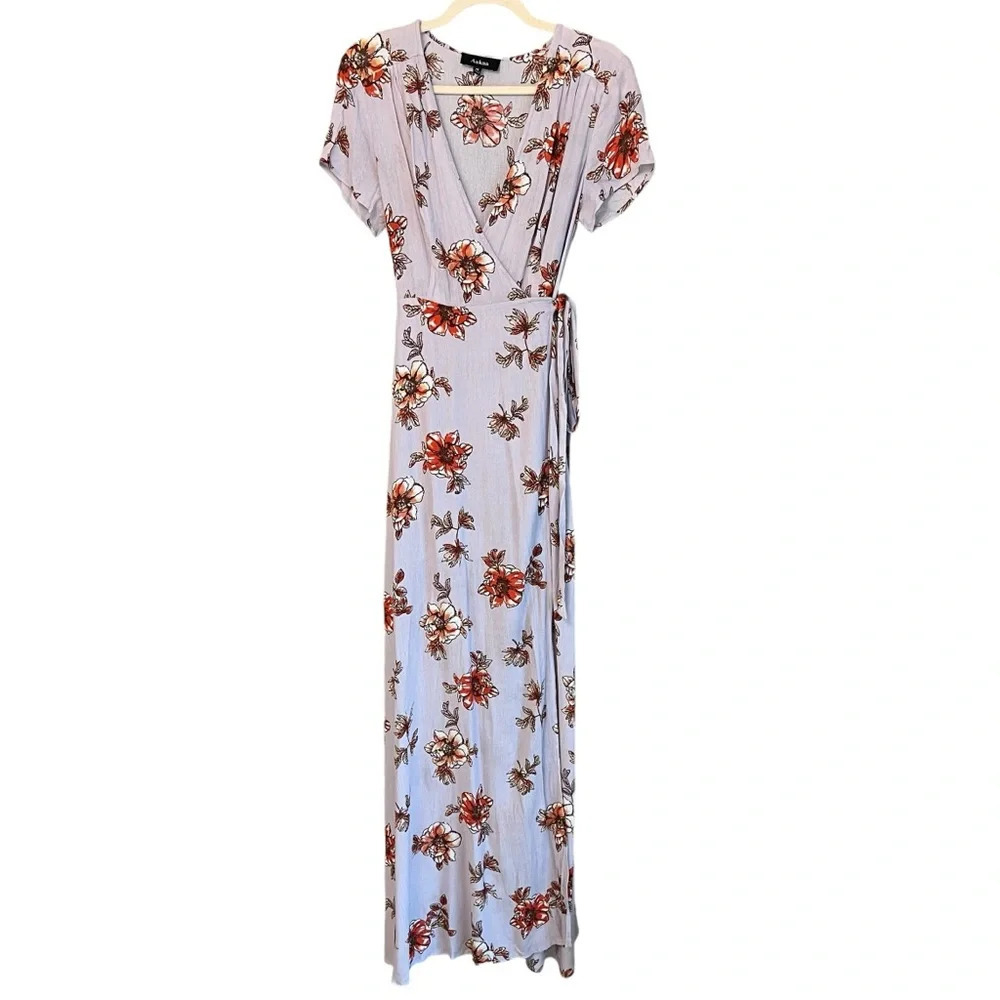 Floral Wrap Maxi Dress - Lavender with Red Floral Print